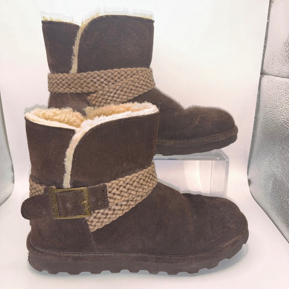 Bearpaw Brienne Women 6 Brown Suede Ankle Boots Braided Buckle Wool Blend 1302W